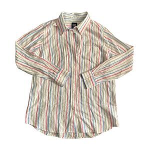 Beetroot Multi Stripe - GAP Women's Long Sleeve Relaxed Fit Linen Collared Butto